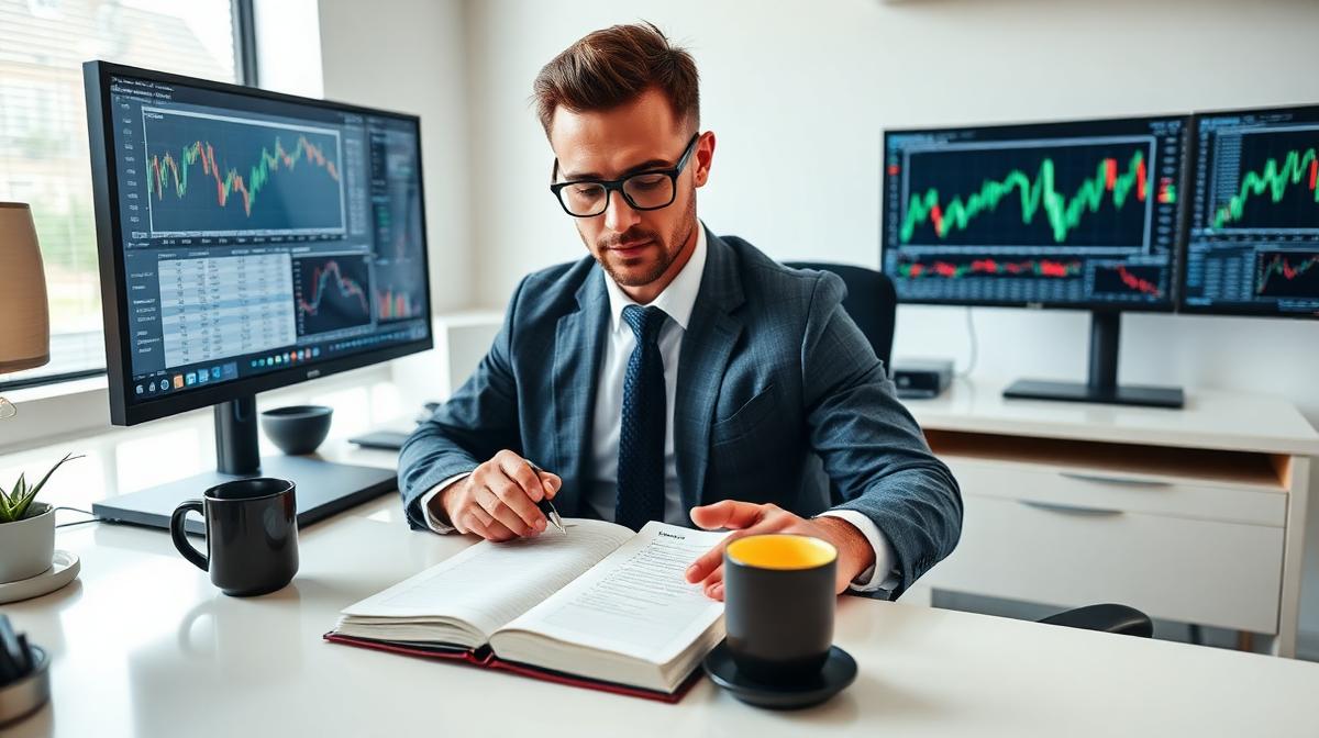 Trader following disciplined trading routines and analyzing charts