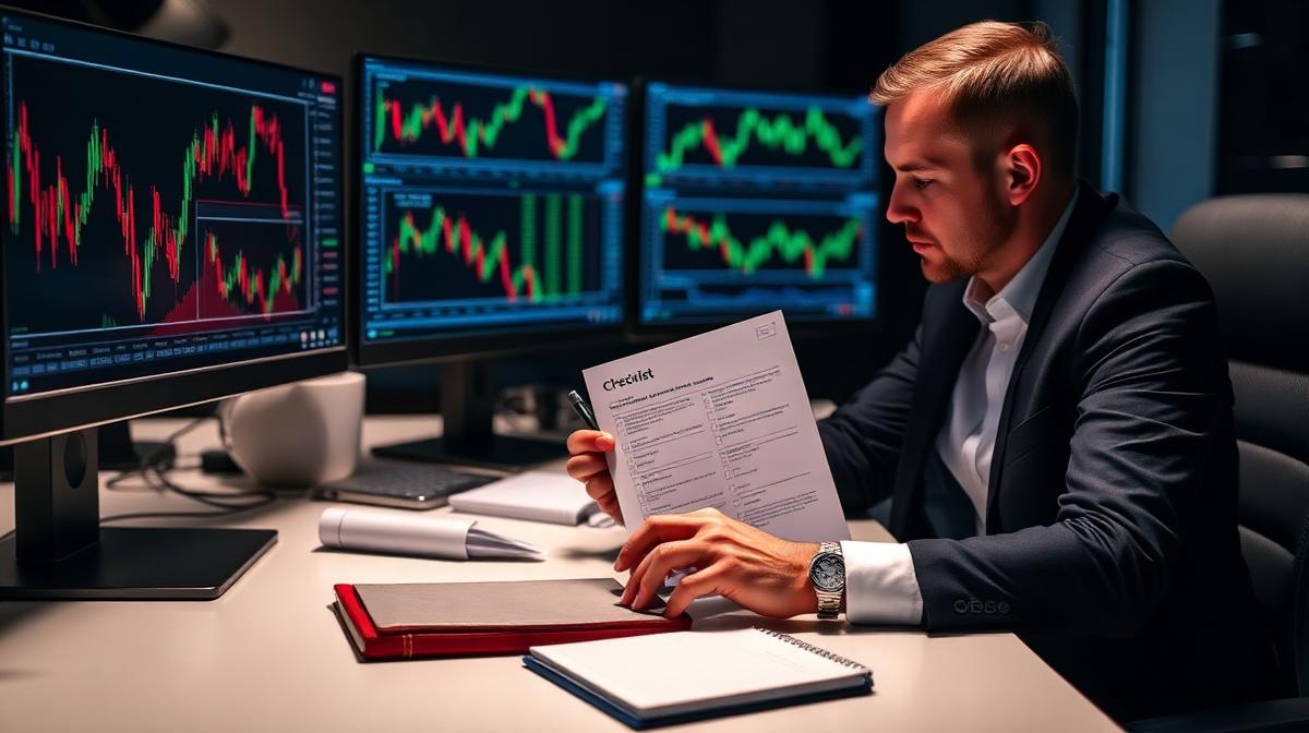 Trader reviewing a structured pre-trade checklist before entering a trade